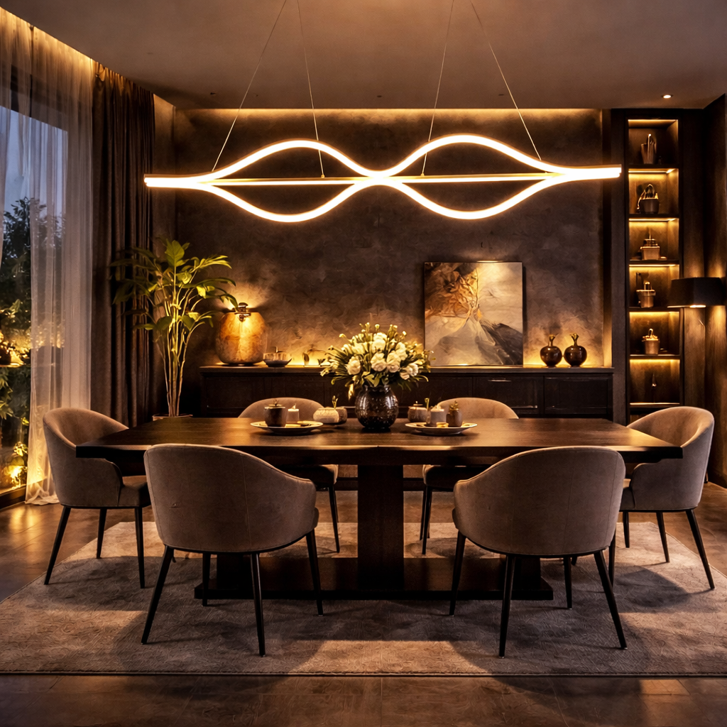 Modern dining room with a dark wooden table, gray chairs, and decorative lighting.